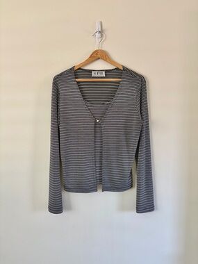 90s Y2K A. Byer Black, Silver & White Striped Knit Cardi Top